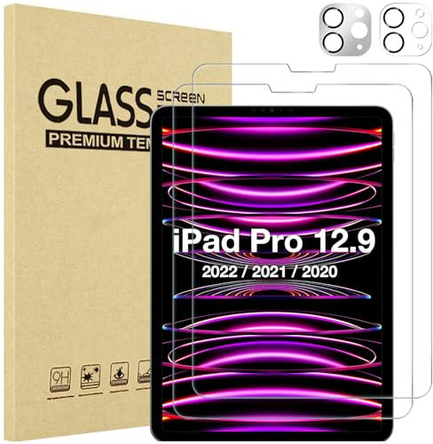 ProCase 2+2 Stück Schutzfolie für iPad Pro 12,9 Zoll 6/5/4 Gen 2022/2021/2020, 9H Gehärtet Kameraschutz mit Gefärbte Glas für iPad Pro 12.9 Screen Protector Folie Schutzglas Displayschutzfolie -Silber