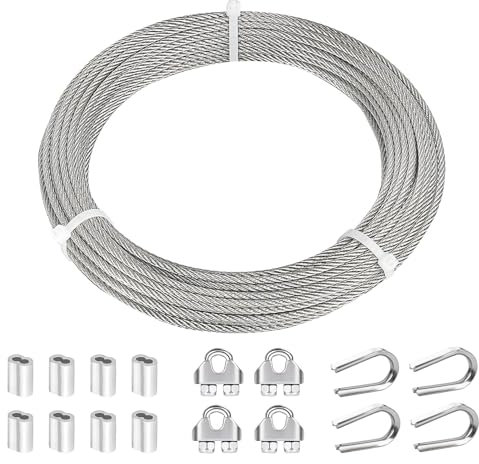 TooTaci 3mm Steel Cable, 15M Wire Rope Kit, Sturdy Stainless Steel Cable with Clamps & Crimp Sleeves, Heavy Duty Catenary Wire Kit for Garden Trellis, Fence Support, Hanging Light & DIY Projects