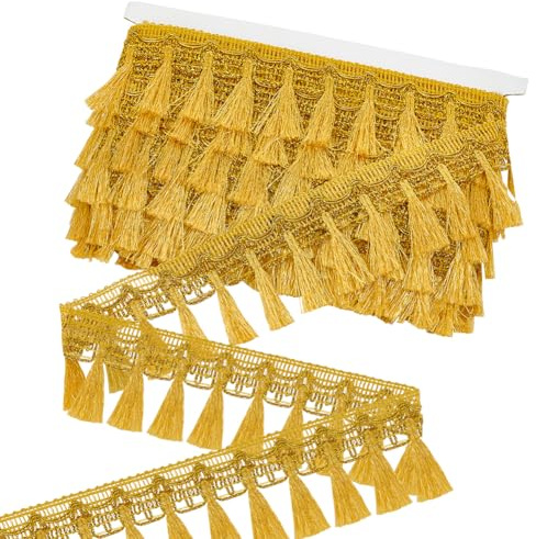 PH PandaHall Flecos de borla de 14 yardas, cinta de borla dorada para costura, tela de encaje para cortinas, vestidos, ropa, decoración del hogar, manualidades