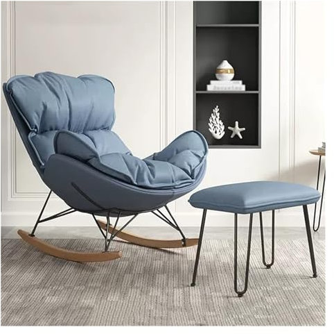 FZZIBQYR Moderner Schaukelstuhl mit Fußhocker für das Wohnzimmer, gepolsterter Relaxsessel mit hoher Rückenlehne, Schaukelsessel mit Akzentsessel und Beinen aus Massivholz (Farbe: Blau)