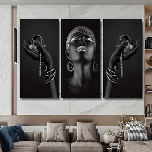 XINBAO Afrikanische Wandkunst, Frau, Poster, Drucke, schwarze Hände, die silbernen Schmuck halten, Leinwandmalerei, Wandbilder für Wohnzimmerdekor, 80 x 160 cm * 3, rahmenlos