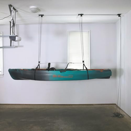 Teal Triangle Strapazierfähiger Elite Kajak-Hebebühne, Easy-Lift-Garagen-System, hält 68 kg, passend für 3,6 m + Decken, patentierter rutschfester Gurt, keine Einrichtung erforderlich
