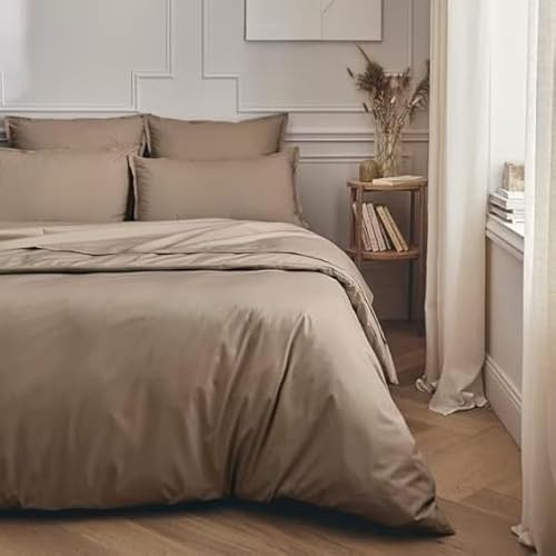 Ensemble de Parure de draps 5 Pieces Unie en pour Un lit 2 Personnes 160 x 200 cm 1 drap housse + 1 drap plat +2 taies d'oreiller + 1 taie de traversin 100% Coton 57 Fils HAUTE QUALITE (Marron)