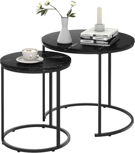 Huhote Couchtisch Rund, Satztisch 2er Set, Wohnzimmertisch, Couchtisch aus Holz, Beistelltisch Set, Sofatisch für Wohnzimmer, Schlafzimmer, Büro, Balkon, Schwarz, Rund