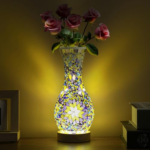 JAITAIK Stylish Turkish Mosaic Table Lamp Glass Vase Light with USB Power for Living Room or Bedroom Decoration