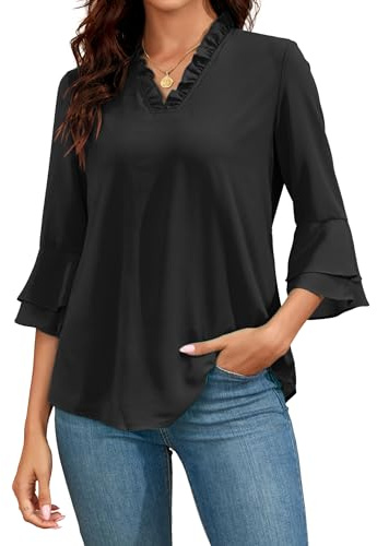 Famulily Women's Blouses 3/4 Bell Sleeve Tops Ruffled V Neck Double Layered Chiffon Pleated Shirts (XXL, Black)