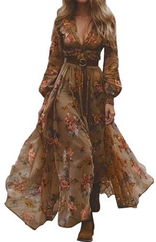 Vestido bohemio para mujer, largo, vintage, estilo rústico, cuello de pico, vestido maxi de verano, manga larga, estampado bohemio, vestido floral, vestido de gasa para vacaciones, playa, uso diario