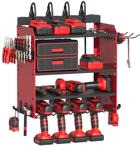 Power Tool Organizer Wall Mount with Charging Station, Garage 4 Drill Storage Shelf with Cordless Tool Holder, Heavy Duty Rack with 8 Outlet Power Strips and Hooks, Gift for Men, Husband (4 Layer)