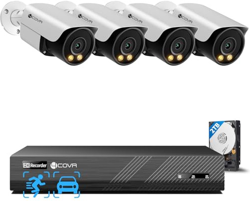 4COVR CCTV Camera Systems Outdoor, 8CH NVR 2TB HDD, ELY37YX5M0804 | 4×5MP Wired Bullet IP Camera IP67 Security, 2 Way Audio & Color Night Vision, AI Person Vehicle Detection, 24/7 Home Video