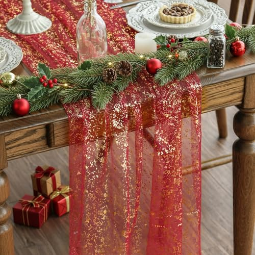 Artoid Mode Gaze Tüll Glitter Folie Rot Gold 3 Stück Weihnachten Tischläufer 70x300 cm, Küche Tisch Dekoration Drinnen Urlaub Party Dekor