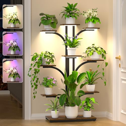 ikkle Pflanzenständer mit Wachstumslicht, 163cm Hoher Blumenständer, 9-ebiges Eck-Pflanzenregal für Zimmerpflanzen, Blumentopf Aussteller, Baumförmiges Blumenregal für Wohnzimmer, Innen, Balkon