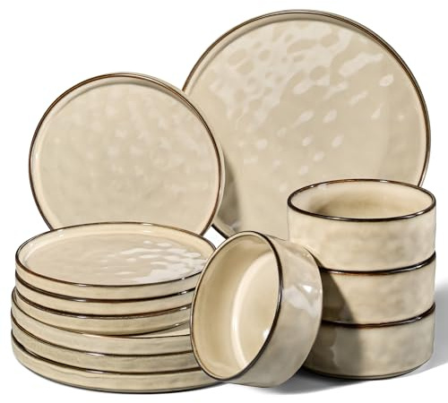 Homikit Service de table 12 pièces pour 4 personnes, service de table combiné avec assiettes plates, assiettes à dessert et bols à céréales, passe au micro-ondes et au lave-vaisselle, kaki élégant