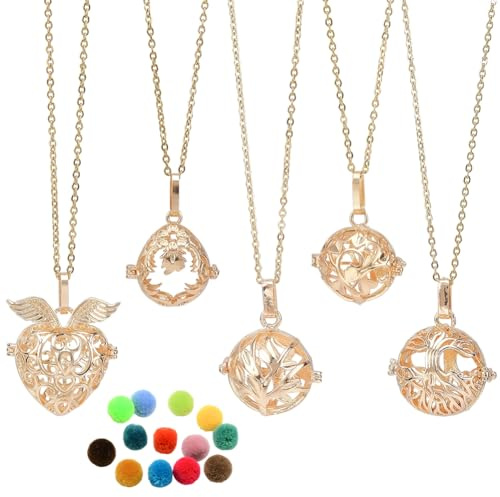 SUNNYCLUE 1 låda 5 st aromaterapi halsband spridare halsband med 20 st pom pom boll livets träd ängel eterisk olja spridare smycken 304 rostfritt stål ihålig pärla bur hängen för kvinnor gåvor