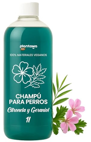 PLANTAWA Champú para Perros Citronela y Geraniol 1L | Champú Perros Piel Sensible e Hipoalergénico | pH Neutro Hidratante | Pelo Suave y Brillante | Fórmula Vegana para Uso Frecuente