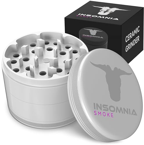 Insomnia Smoke Triturador de Hierbas | Grinder Premium de 4 Piezas de Aluminio con Recolector de Polen, Tapa Magnética Fuerte, Antiadherente y Fácil de Limpiar con Recubrimiento Cerámico (Blanco)