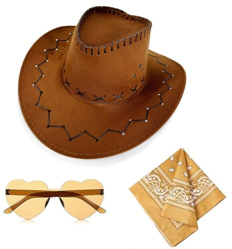APPCRFM Cowboy Hut 3 Stück, Western Cowboy Hut Set, Western Cowboyhüten für Damen und Herren, Cowboyhut mit Kopftuch und Brille, geeignet für Western Mottopartys, Karneval und Mottopartys