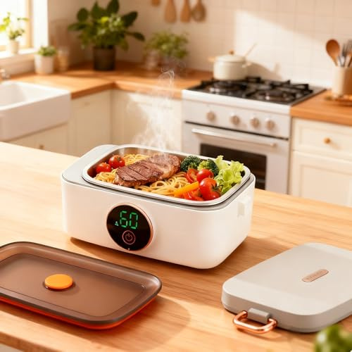 Elektrische Lunchbox mit 16000 mah Akku, 1L Kabellose Lunchbox zum Aufwärmen, Tragbare Beheizte Lunchbox mit 6-stufige Zeiteinstellung,Digitalanzeige, Herausnehmbare Edelstahl-Brotdose für Auto/Büro
