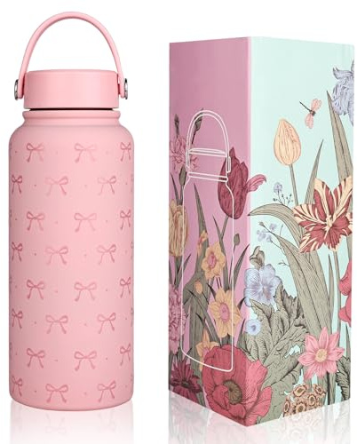 XCRPRT Pink Bow Water Bottle 1L (32oz), Thermosflasche, Insulated Water Bottle, Stainless Steel Cute Bow Kids Bottle, Sports Travel Tumbler for Women Girls, Ideal Birthday and Back to School Gift