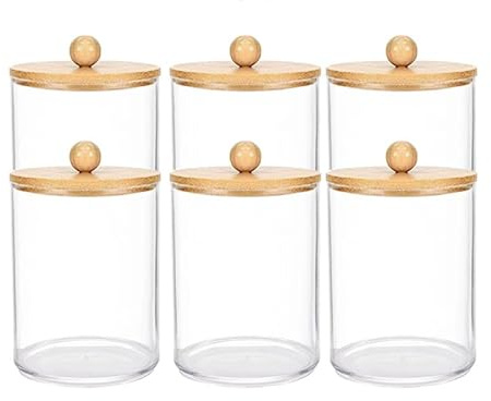 WITFAMILY 6-Piece Bamboo Lid Storage Jars Set, Clear Plastic Canisters with Labels for Cotton Balls, Swabs, Bathroom & Kitchen Organization