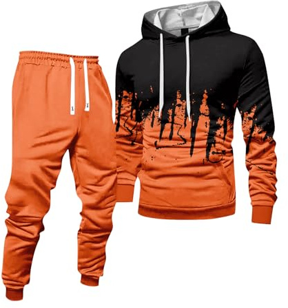 Mens Sweatsuit Colorblock Hooded Sweatshirt and Sweatpants Outdoor Casual Activewear Jogging 2 Piece Tracksuit Drawstring with Pockets 01-Saffron XXL