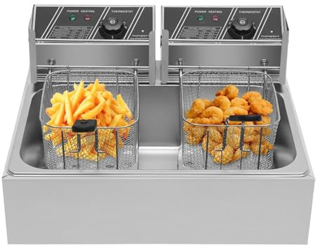Friggitrice Elettrica Commerciale 2 Vasche da 12 L 5000W Friggitrice ad Olio in Inox con 2 Cesti per Friggitrice e Tempo Regolabile 60-200 °C per Rondelle di Cipolla, Pollo fritto Snack Bar