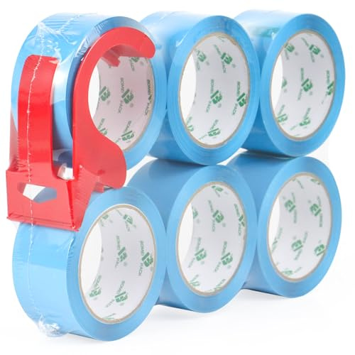 BOMEI PACK 6 Rolls Coloured Boxes Packing Tape Aqua Blue 48mm x 66m Sticky Heavy Duty Moving Shipping Carton Sealing Tape with 1 Dispenser