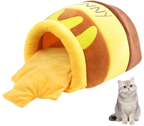 Lit pour chat – Grotte semi-fermée de style pot de miel pour animaux de compagnie avec coque isolée confortable, design adorable, nid intérieur doux, coussin amovible, abri confortable offrant chaleur