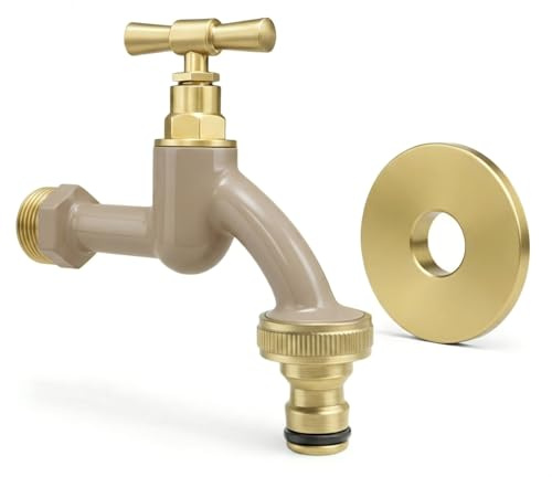 LIVLIG Premium Rubinetto da Giardino, Rubinetto Esterno Resistente al Gelo con Rosetta e Attacco per Tubo, Rubinetto per Acqua Fredda in Ottone, Rubinetto Design Oro con Rivestimento a Polvere Sabbia