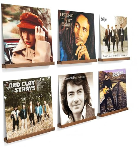 Emfogoo 6 Pièces Porte-disques Mural en Bois, Rétro Supports Muraux pour 8 Vinyles, Porte-disques Mural pour Salon de Décoration, Affichage et Stockage, Collections (Noyer)