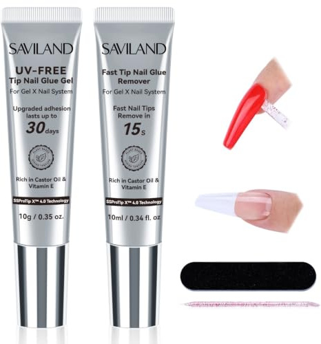 SAVILAND Solid Nail Glue Gel with Remover, 10s Air Dry, No UV Lamp Needed | New Semi Solid Nail Glue for Press On Nails with Castor Oil & VE 30-Day Wear Strong Gel Glue for Beginners Nail Art Home Use