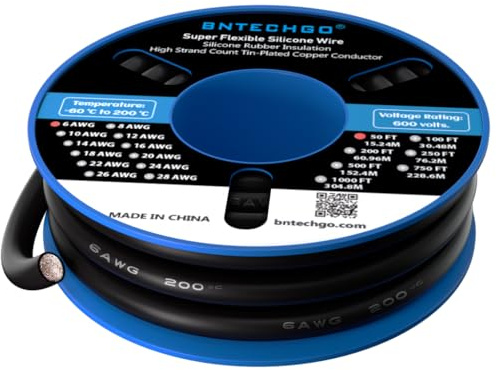 BNTECHGO 6 Gauge Silicone Wire Spool 50 ft Black Flexible 6 AWG Stranded Tinned Copper Wire