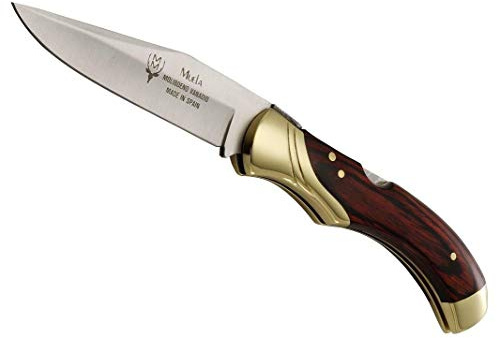 Muela Navaja GL-10R hoja de acero MoVa de 9,5 cm y empuñadura de madera prensada coral con alpaca para Caza, Pesca, Supervivencia y Bushcraft Realizado en Ciudad Real + Portabotellas de regalo