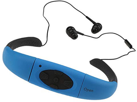 Suney Lecteur MP3 étanche Casque audio sans fil 8 Go HiFi pour natation et course à pied 6 à 8 heures Lecteur MP3 étanche pour surf, natation, sport, course à pied Waterproof Bluetooth bleu