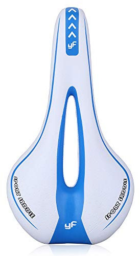 VOANZO Memory Sponge Bike Saddle Mountain Bike Seat Cushion Pad with Central Relief Zone and Ergonomics Design Fit for Road Bike and Mountain Bike White and Blue