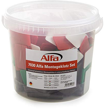 Alfa Montageklotz Set Unterlegplatten | 60 x 40 mm, 260 Stück | Abstandshalter, Plättchen aus Kunststoff | Tragfähigkeit bis 16 t | Set: 1.5, 3, 5, 10 mm