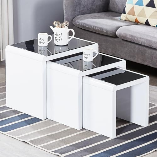 JaHECOME Nest of Tables Set of 3 Nesting Tables High Gloss Coffee Tables Stackable Design MDF Wood End Side Tables for Living Room Office or Lounge (Black)