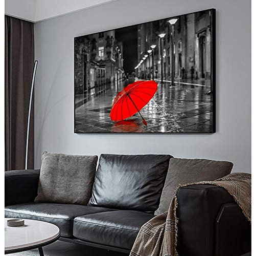 dsdsgog Abstrakte Straße roter Regenschirm-Malerei auf Leinwandplakat und druckt realistisches Straßenansicht-Wandkunstbild für Wohnzimmer 70x100cm rahmenlos