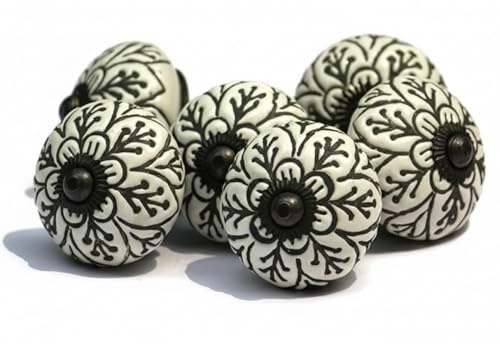 owlKraft Handmade Spade Black & White Ceramic Stone Cabinet Knobs, Vintage Decorative Drawer Pulls for Trendy Cabinets, Modern Dressers & Cupboards, Knobs for Kitchen & Furniture-Set of 6