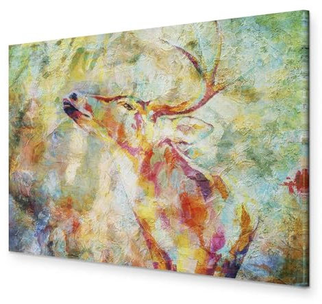 murando HandArt Bilder auf Leinwand Hirsch 1 tlg Leinwandbild Wandbilder Wohnzimmer Wanddekoration Moderne Kunst bunte Farben wie gemalt g-A-10031-b-a