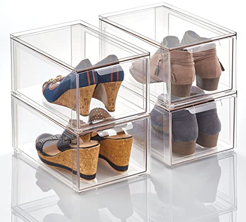 mDesign Aufbewahrungsbox mit Schublade – stabile Schubladenbox aus Kunststoff zur Schuhaufbewahrung – Stapelbox für Schuhe, Accessoires und mehr – 4er-Set – durchsichtig