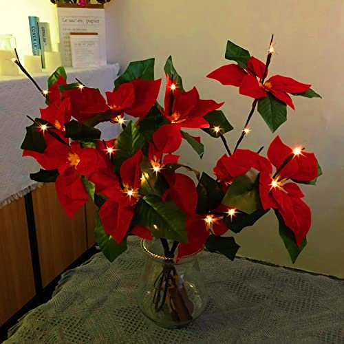 Riaxuebiy LED Zweig Lampe,Weihnachtssternblume Lichterzweige 20 LEDs Dekorative BaumLichter Lichterkette Licht Batteriebetrieben Warmweiß für Innen Außen Weihnachtstag Decoration (Poinsettia 2 Stück)