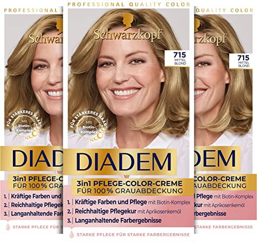 Diadem 3in1 Pflege-Color-Creme 715 Mittel Blond, 3er Pack (3x 170ml), ‎permanente Haarfarbe, Haarpflege-Formel für gesund aussehende Ergebnisse, 100 % Grauabdeckung