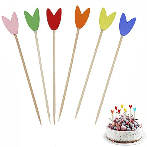 100Pcs Skewers Bamboo Cocktail Wooden Tropical Toothpicks Colorful Heart Cocktail Heart Swizzle Picks Wood Accessories Food Picks for Drink Desserts