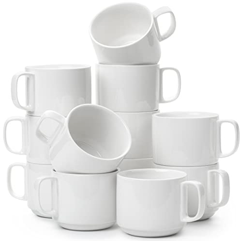 BTaT- Porcelain Stackable Coffee Mugs, 12 Pack, 12 oz, White, Ceramic Coffee Cups, Dishwasher and Microwave Safe