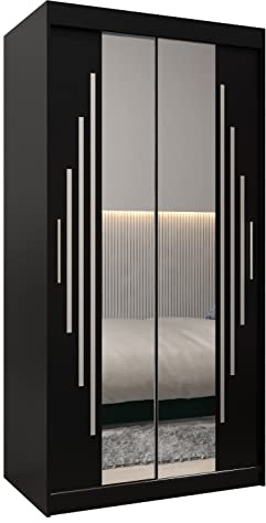 ABIKSMEBLE York 1 100 Armoire à Deux Portes Coulissantes pour Chambre à Coucher - Moderne Armoire de Rangement avec Miroir, Tringle et Étagères - 100x200x62 cm (L x H x P) - Noir Mat