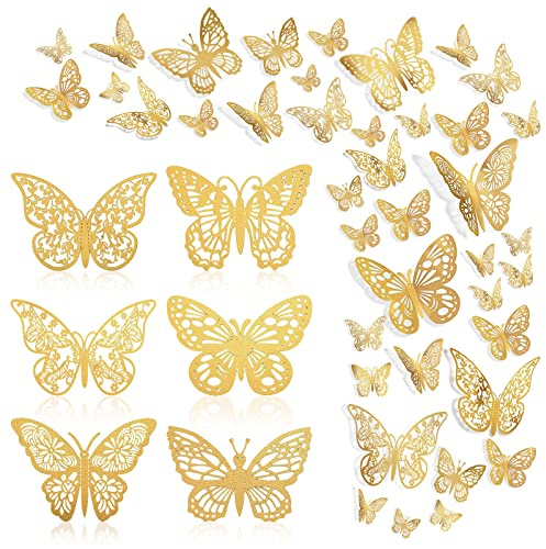 144 Pcs Gold Butterfly Wall Decor, 3D Butterfly Stickers 6 Styles and 3 Sizes, Removable Mural Stickers Metallic Butterflies Decorations for Walls