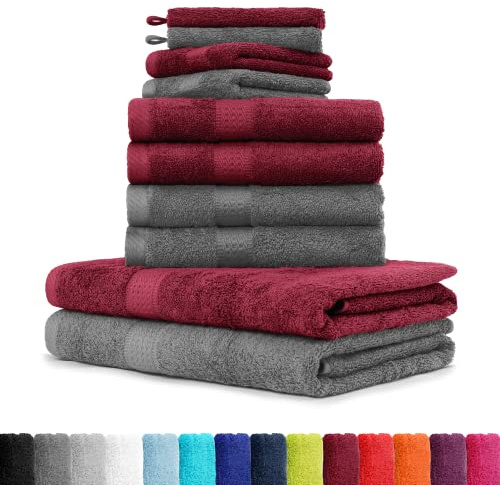 BaSaTex 10er Pack Handtuch Set - Frottee Handtücher mit Aufhängeschlaufe - 4X Handtuch, 2X Duschtuch, 2X Gästetuch, 2X Waschhandschuh - Öko-Tex Made in Green Zertifiziert - Anthrazit/Bordeaux