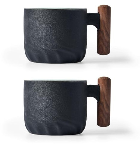 BlogBlog Tazze da caffè in ceramica con manico in legno, tazze da tè in ceramica, tazze da tè o demiasse, per caffè o tè, 56,7 g (nero, 2)
