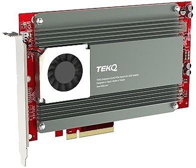 TEKQ Databank M4 Support 4 Port M.2 SSD Expension Card PCIe 3.0 x 16 PCIe Adapter Card, RAID Controller Card Broadcom PEX-8724, Support Non-Bifurcation Motherboard, with Active Cooling Fan