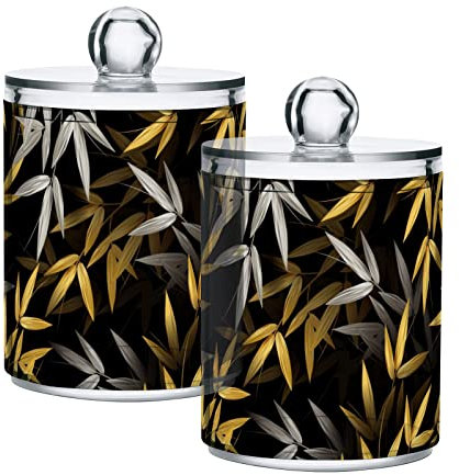 Golden Bamboo Leaves Pattern 2 Pack Kunststoff Wattestäbchen Ball Pad Halter, Apothekergläser Badezimmer Zahnbürste
